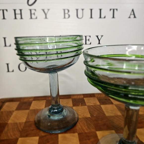 Handblown Blue & Green Swirl Margarita Glasses Set Of Two - Picture 5 of 11